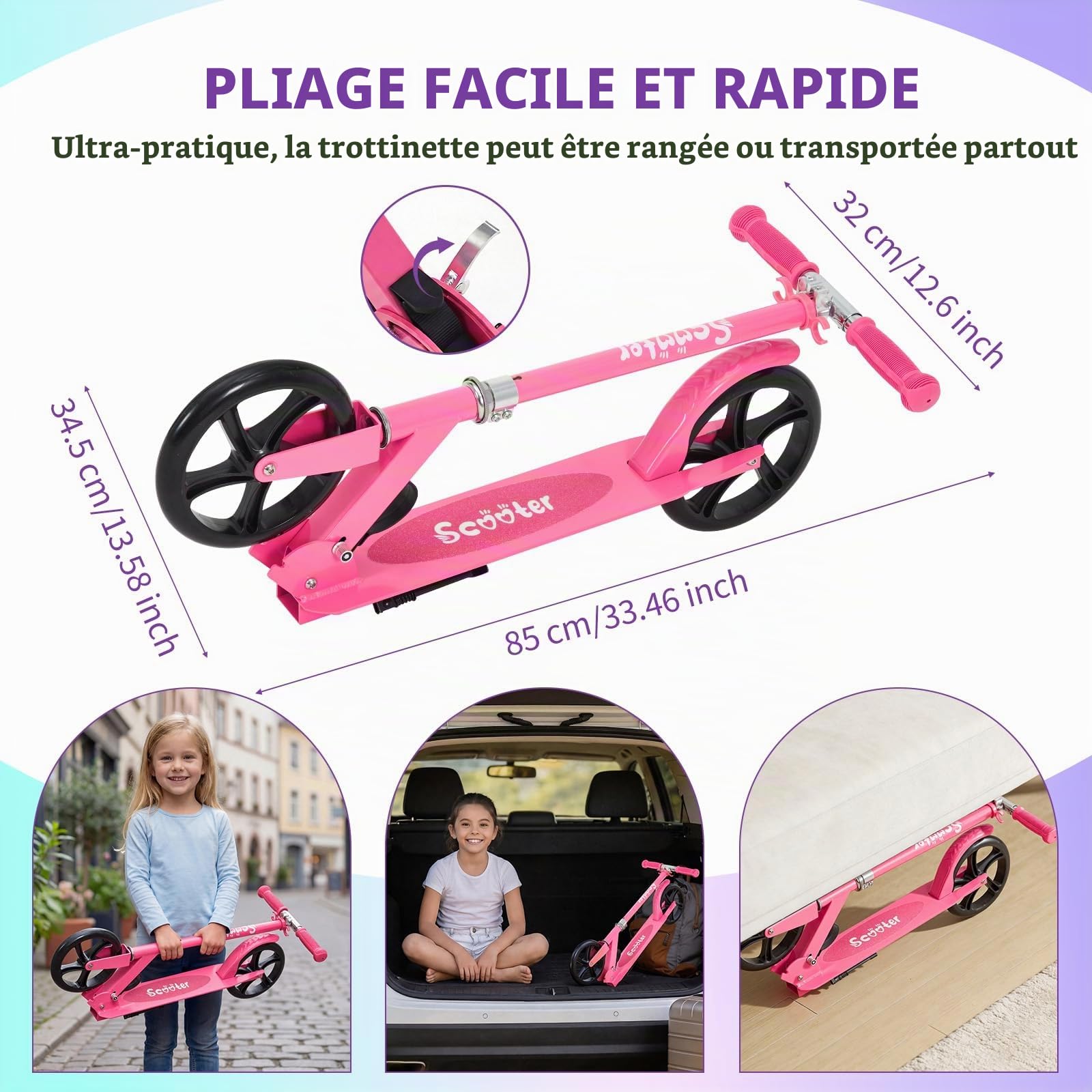 Garvee Trottinette Enfants Pliable à 2 Roues Grands, Trottinette Pliable Hauteur Réglable Scooter, Trottinette pour Filles Et Garçons, Scooter 6+ Ans