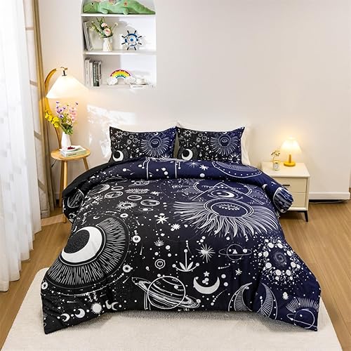 Miniatura 2 de Holawakaka Juego de edredón con estampado de constelaciones de estrellas, luna, tamaño individual, para niñas y niños, juego de ropa de cama con