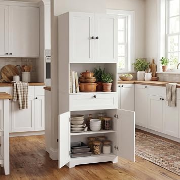 LOKO 67.5 Kitchen Pantry Cabinet, Freestanding Hutch Cabinet with 4 Doors & Adjustable Shelf, Tall Bathroom Floor Storage Cabinet for Living Room, Dining Room, Laundry (White)