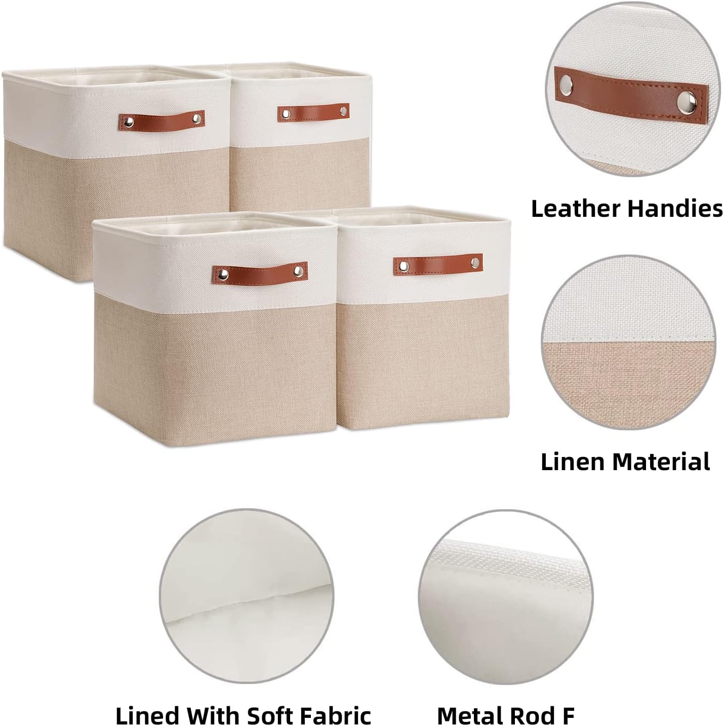 HNZIGE Foldable Storage Baskets(4 Pack) Cube Storage Baskets for Shelves,Storage Cubes for Organizing Closet,12x12 Baskets for Cube Storage,Home Organization with Handles(White&Beige)