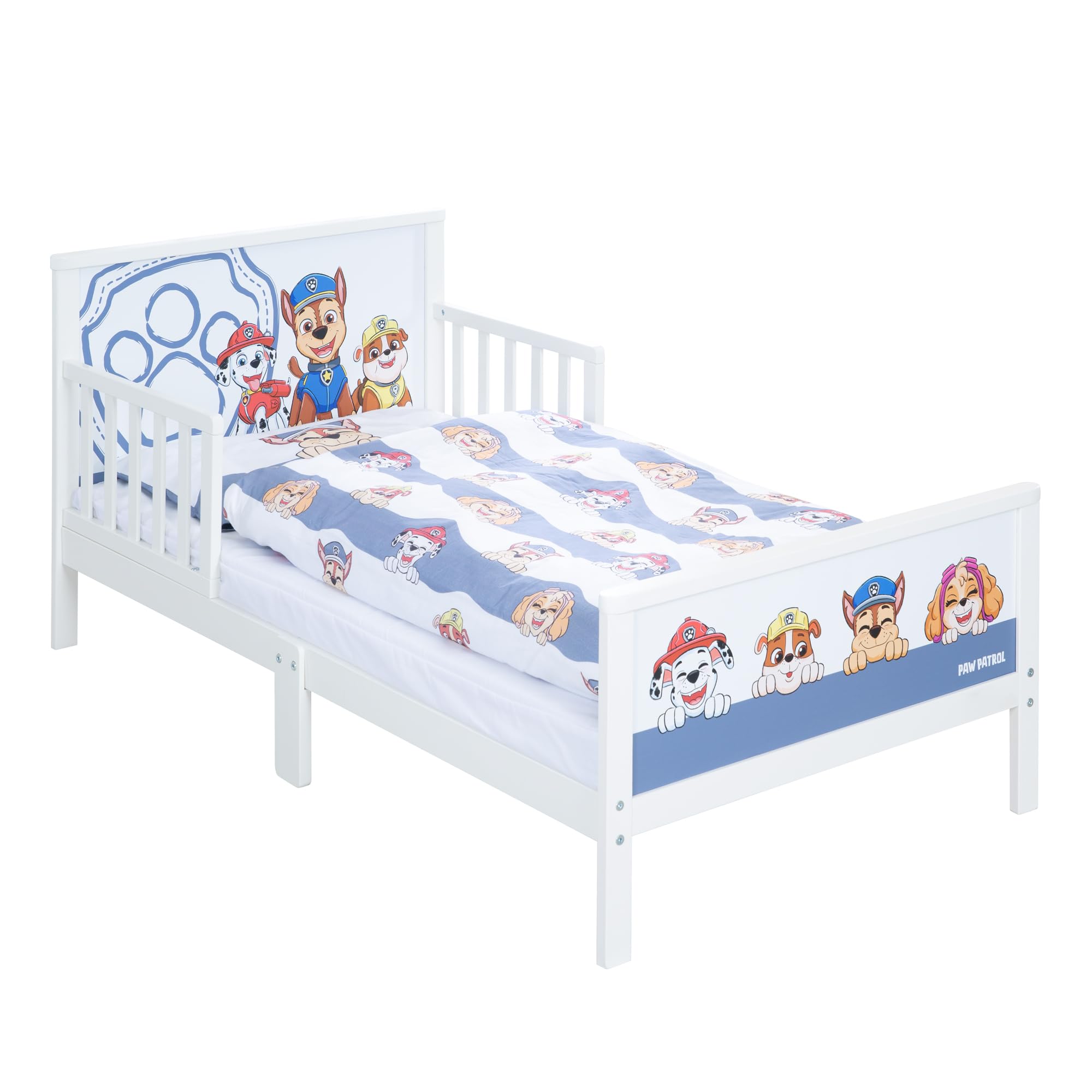 roba Paw Patrol Cama Infantil Montessori 70 x 140 cm para Niños + Somier y Ropa de Cama - Utilizable hasta 7 Años - Blanco/Diseño de Perros Chase, Marshall, Rubble, Skye
