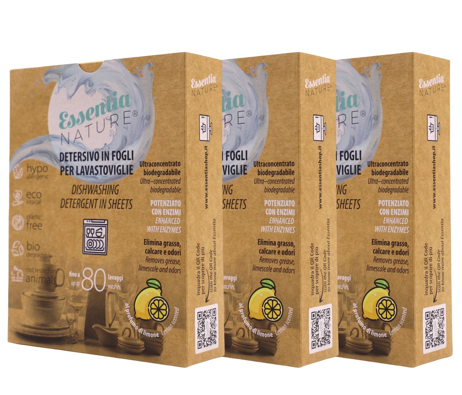 ESSENTIA Detersivo Ecologico in Fogli per Lavastoviglie | 3 Confezioni da 80 Lavaggi | Ultraconcentrato e Biodegradabile con Enzimi Naturali | Profumo Limone | Elimina Calcare e Odori | Plastic Free