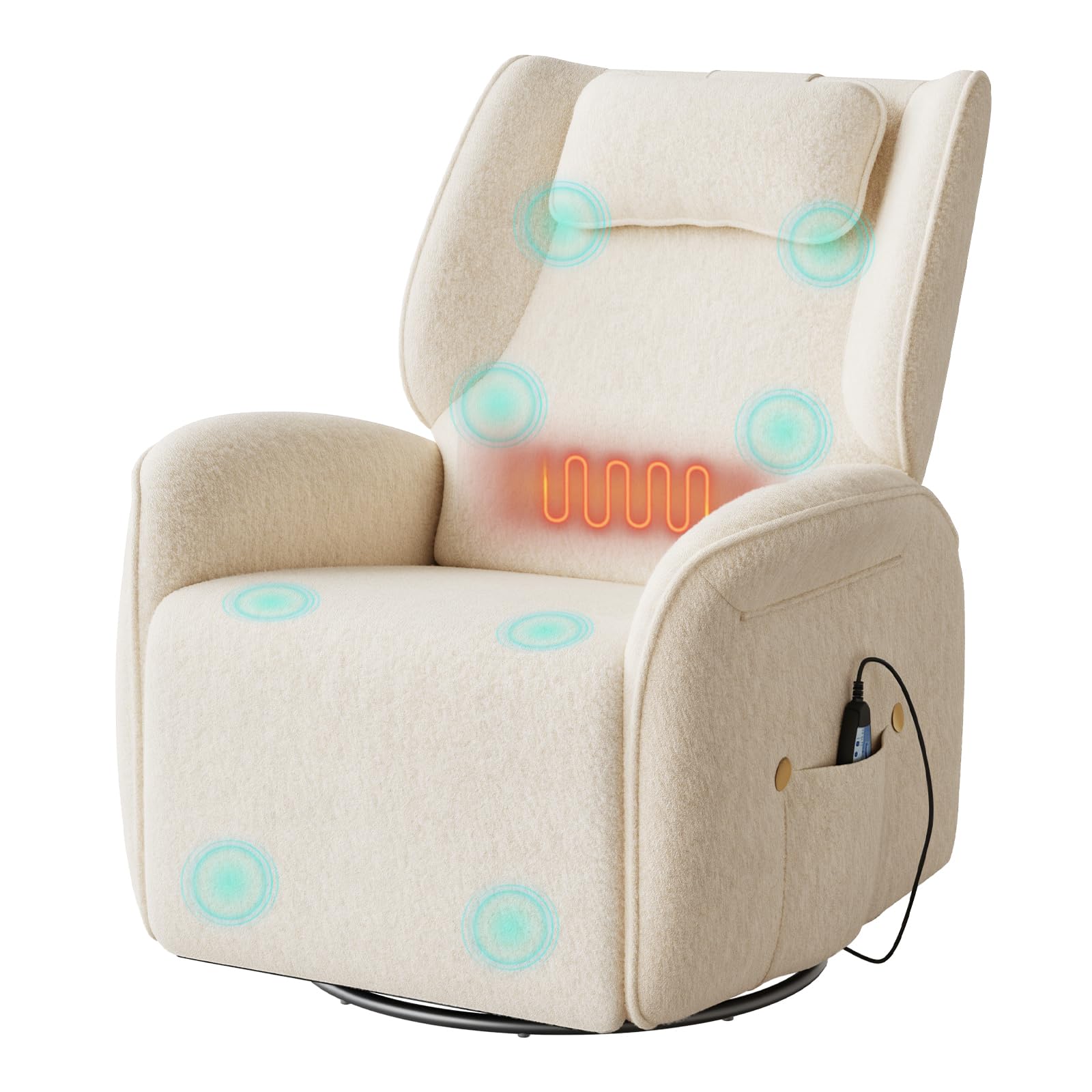 WOLTU Sillón Reclinable, de Masaje con Calefacción en Zona Lumbar, Beige | Sofá Relax Giratorio Tapizado en Chenilla, Reposacabezas, Bolsillos, Puerto USB, Capacidad de Carga 150 kg
