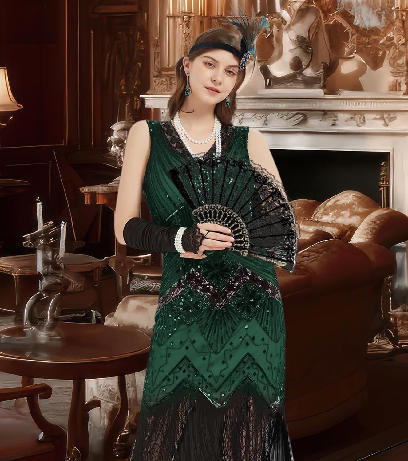 1920s Dresses for Women, Flapper Dress Lace Fan Feather Headband Sequins Beads Fringes 20s Accessories Vintage Mafia Costume - Image 6