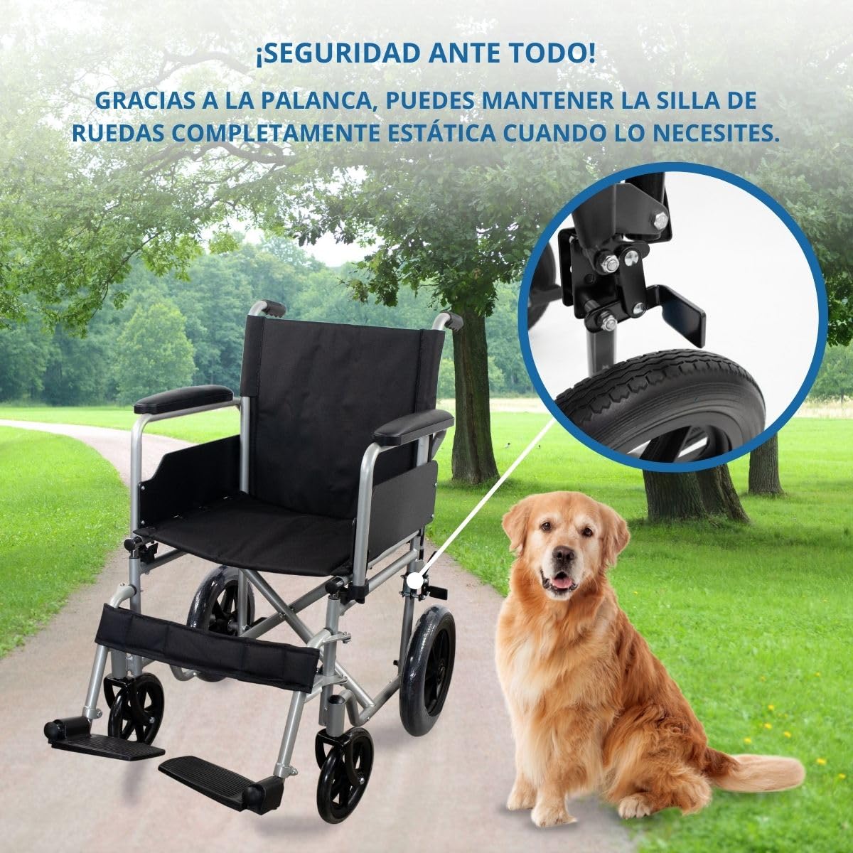 Mobiclinic, Silla de ruedas plegable, Marsella, Extracción rápida pulsando un botón, Asiento 46 cm, Reposapiés y reposabrazos abatibles, Palanca freno, Resistente, Plata