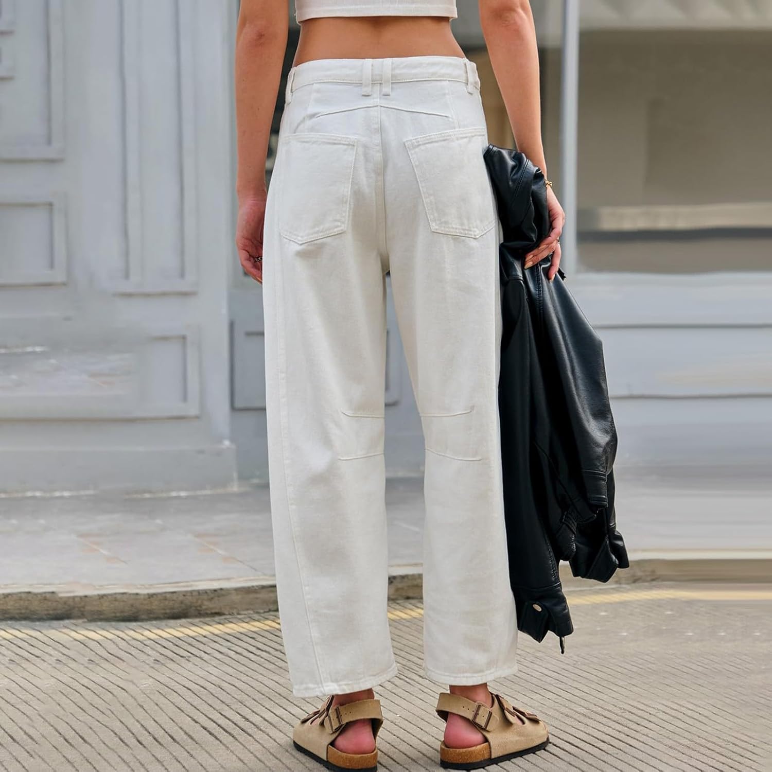 Generisch 2025 Middelhoge Barrel-Jeans voor dames, wijde pijpen, medium taille, verkorte jeansbroek, baggy boyfriend-jeans met zakken, jeansbroek voor dames, maat 40, lichtblauw, XL
