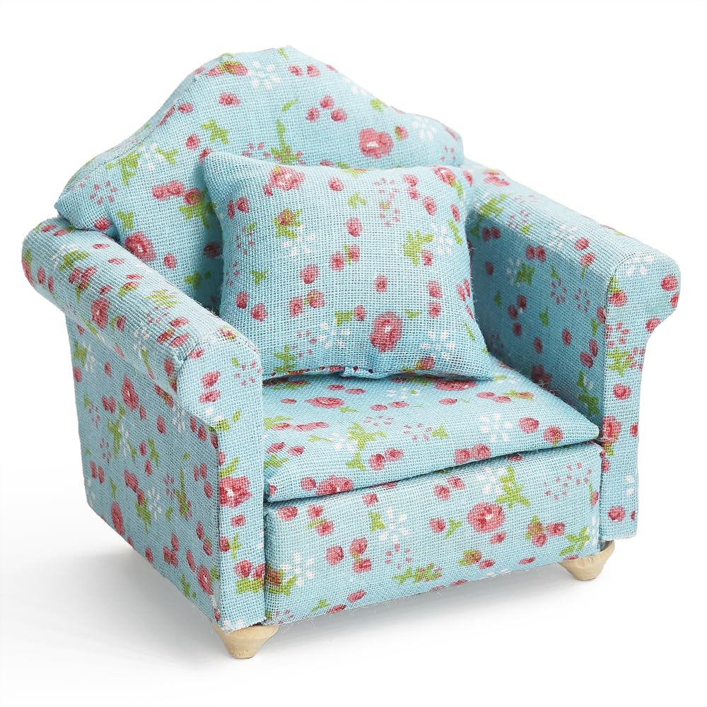 Odoria Dollhouse Armchair Miniature Sofa: 1/12 Scale Accent Club Chair with Pillow Country Rustic for Living Room Office Reading - Mini Lounge Seat Upholstered Wood Furniture Floral Blue