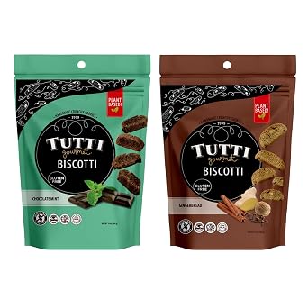 Tutti Gourmet Gluten Free Chocolate Mint & Gingerbread Biscotti, 9.9 oz 283g Resealable Cookie Bags Vegan, Halal, Dairy-Free Holiday Snack Treats