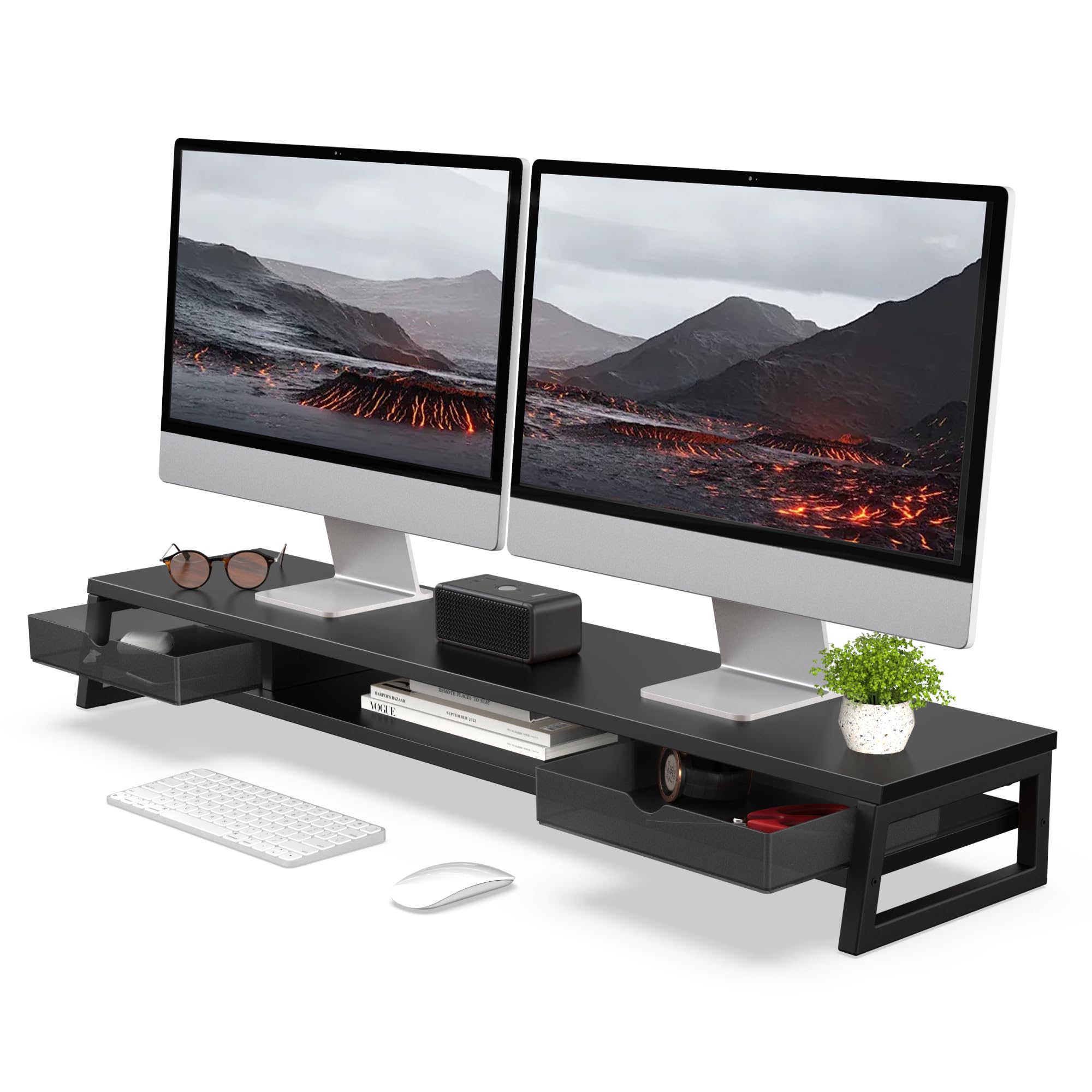 Fenge Dual Monitor Stand Monitor Riser with Drawer 42 5 Inch Large Computer Monitor Stand for 2 Monitors