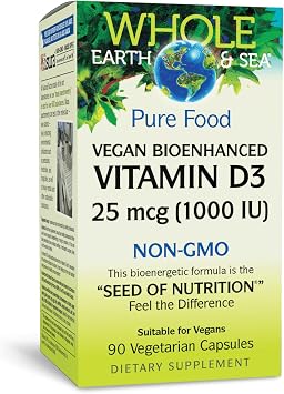 Natural Factors Whole Earth & Sea Vitamin D3 - Dietary Supplement Supports Strong Bones & Joints - Aids Calcium Absorption - Vegan & Non-GMO - 90 Vegetarian Capsules 90 Servings