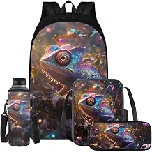 Chameleon 4PCS Boys Backpack for School Kids Backpack for Boys with Lunch Bag Pencil Case Bottle Bag Kids Bookbag Teen Girl Backpacks for Elementary Middle High School