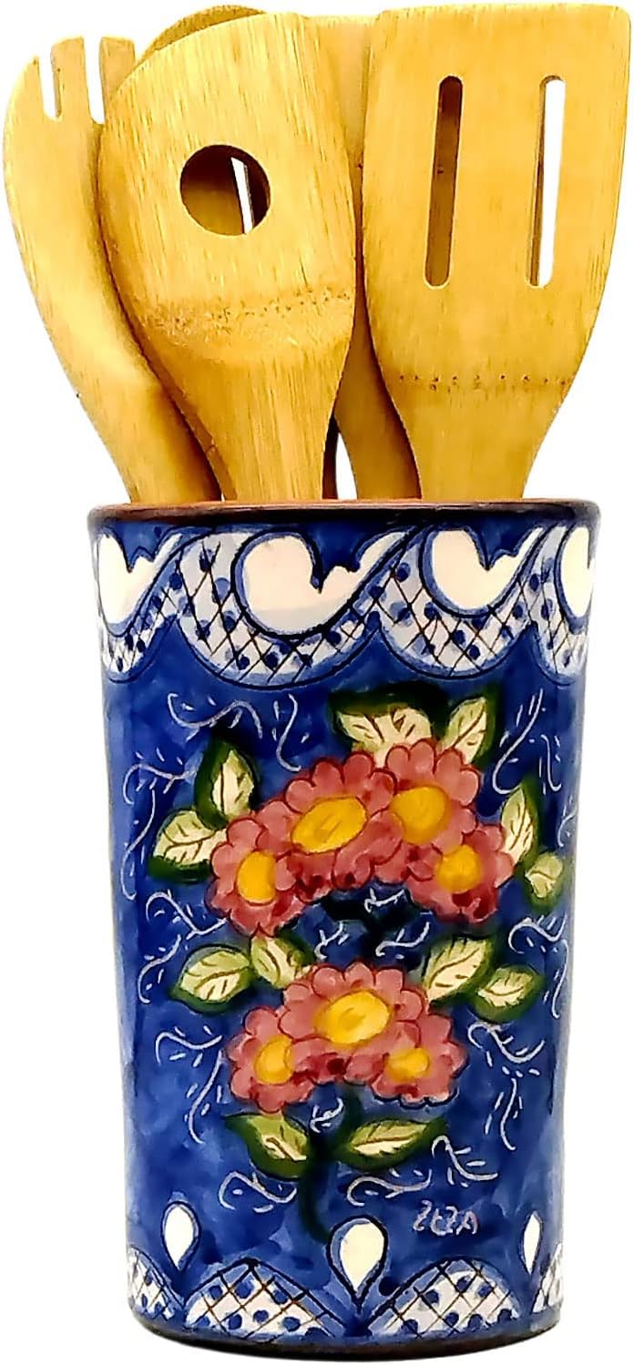 Hand Painted Portuguese Pottery Floral Kitchen Utensil Holder, Blue, White, Red, Green, Yellow (255-355-455-FL)