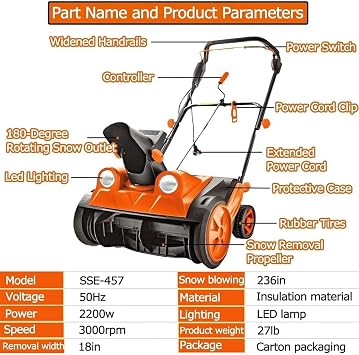 2200W Corded Snow Blower, Electric Push Snow Thrower with LED Headlights, 7.6m Throwing Distance, 45.7cm Cleaning Width, for Patio, Playground, Farm