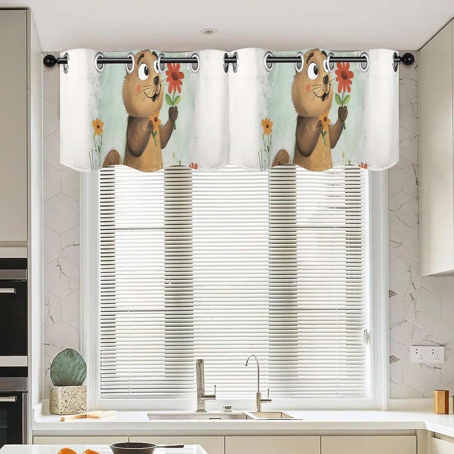 Groundhog Holding Flower Valance for Windows, 2 Pack Kitchen Curtains Modern Home Decor, Soft Blackout Window Curtains for Living Room & Bedroom, 18 X 52 Inch