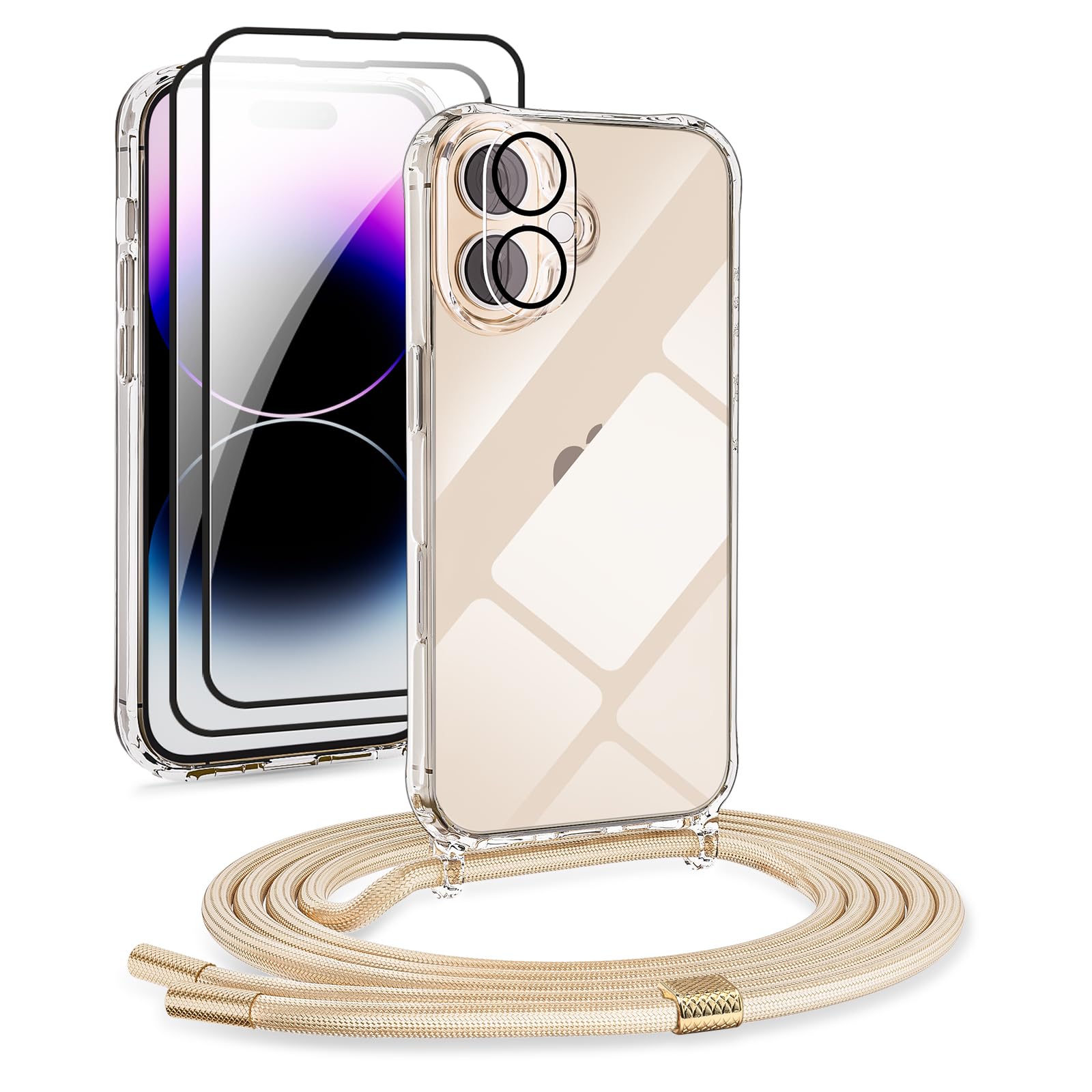 DiDaDi Cover iPhone 16 Plus Trasparente con Cordino, Custodia con Regolabile Collana, Coque iphone 16 Plus Avec Cordon, Antiurto Trasparente Custodia con Laccio Case con Laccio Tracolla, Oro
