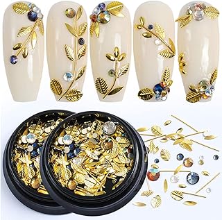 Nail Art Charms 3D Metal Nail Gems for Acrylic Nail Supplies, Holographic Gold Line Leaf Gems Sparkle Shape Design Decals DIY Manicure Jewelry Accessories for Women Girls Nail Decor