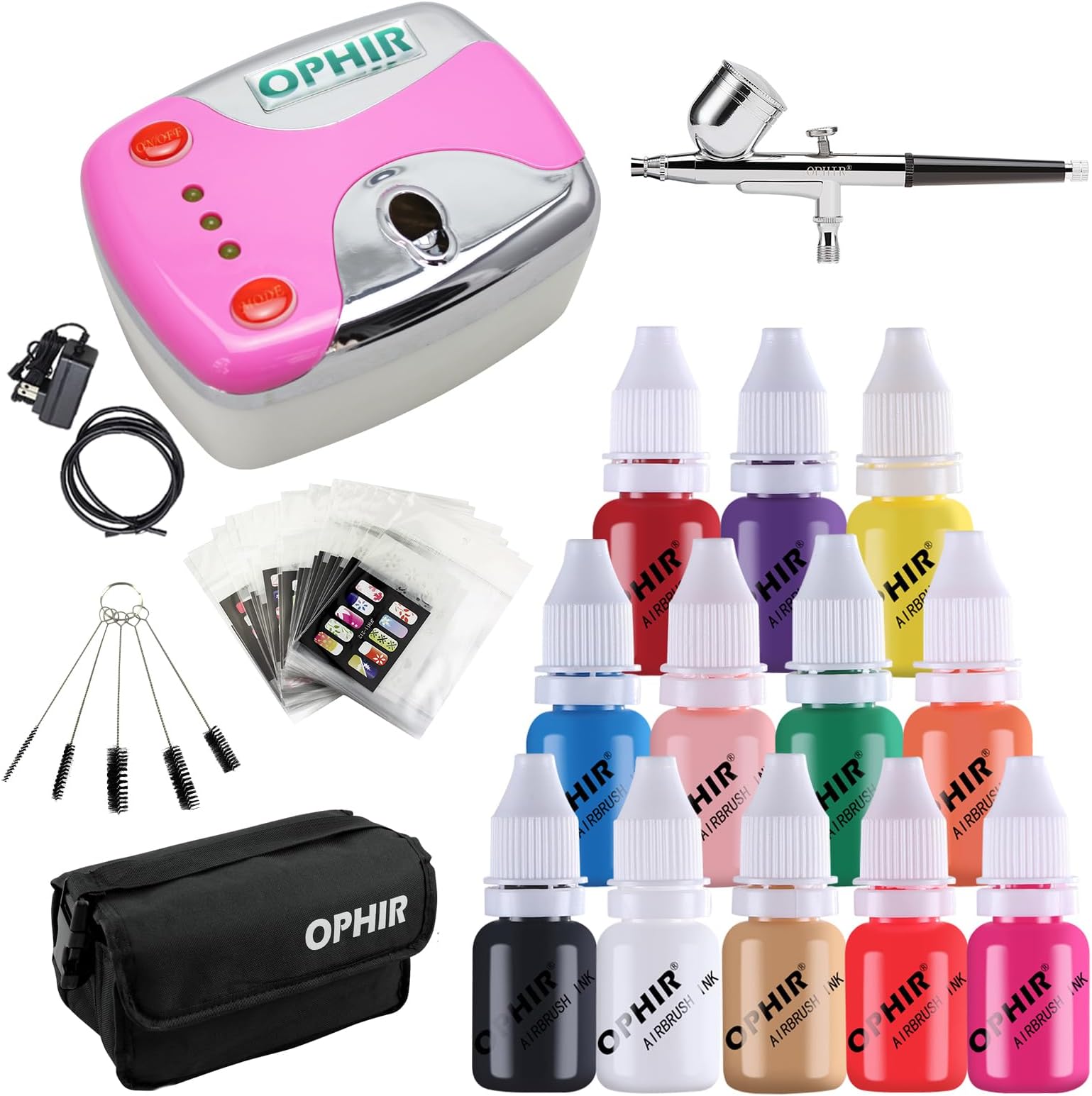 OPHIRNail Airbrush Machine with 12x Nail Paint Ink Set, 0.3mm Airbrush Kit with Airbrush Nail Stencil & Bag & Cleaning Brush Set (Pink)
