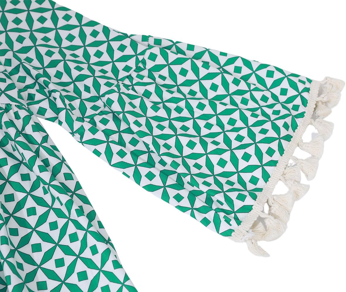 yoeasy Women Print V Neck Tassel 3/4 Sleeve Knit Shift Dress Bohemian Casual Knee Length Dress - Image 7