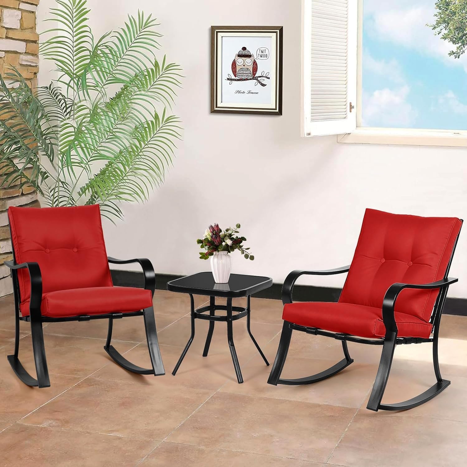 Oakmont Outdoor Furniture 3 Piece Conversation Bistro Set Rocking Chairs and Glass Top Table, Thick Cushions, Black Steel (Red)