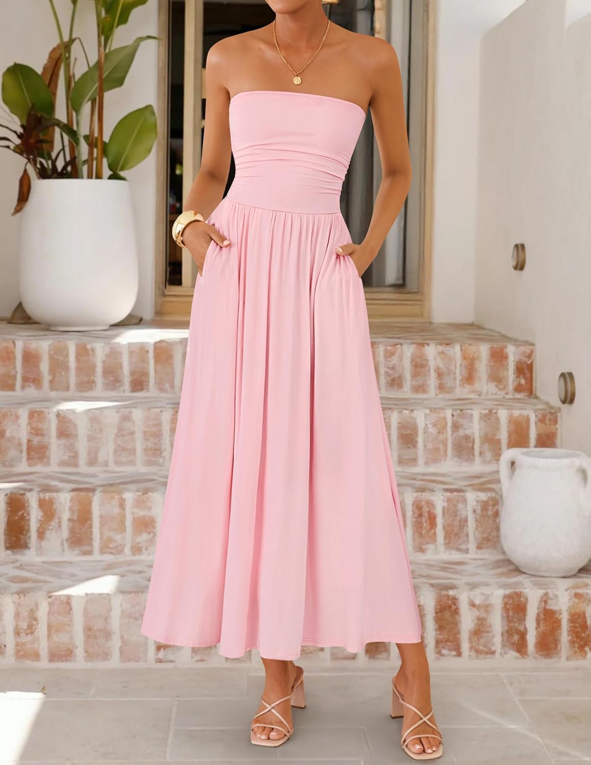 ZESICA Women's Summer Sleeveless Midi Dress 2026 Strapless Ruched A Line Flowy Wedding Guest Party Beach Long Dresses
