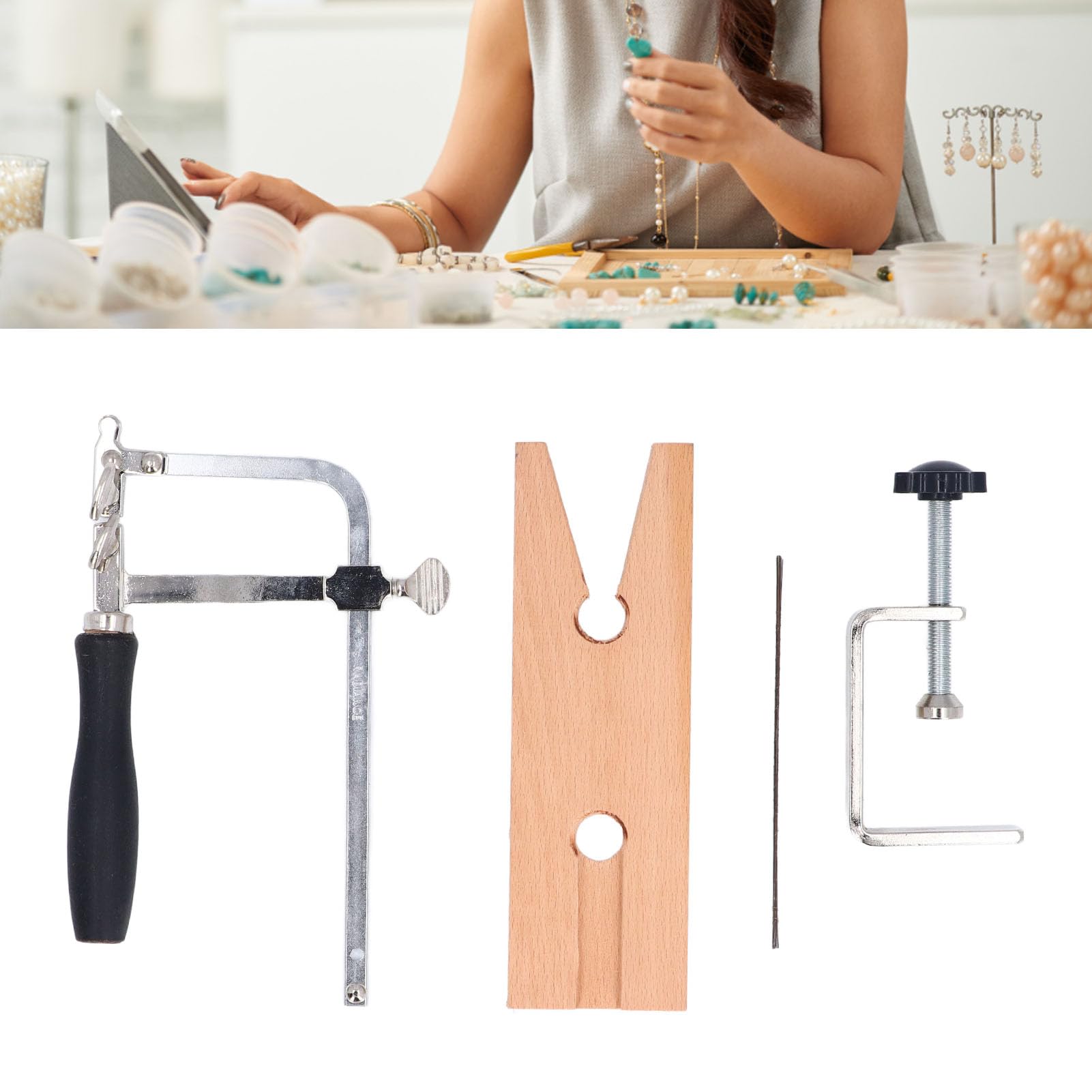 Kit de Sierra para Joyería Pinza de Presión V y Pinza C Ajustable Marco de Sierra Ajustable con 12Hojas de Repuesto Herramienta de Corte para Metal Madera Cera para Fabricación de Joyas Manualidades