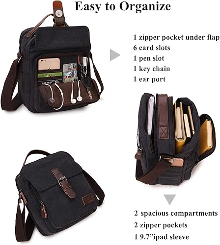Vista 4 de RAVUO Bolso bandolera pequeño para hombre, resistente al agua, de lona, bolso cruzado vintage para viajes y trabajo
