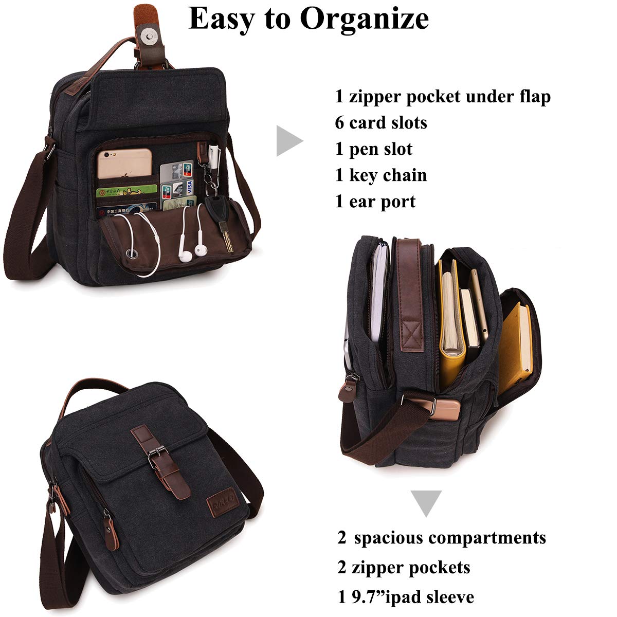 RAVUO Bolsos Hombre Bandolera, Resistente al Agua Bolso Bandolera Pequeña Bolsa Mensajero de Lona Bolso Mano con Bolsillos y Cremallera Messenger Bag,Nergo