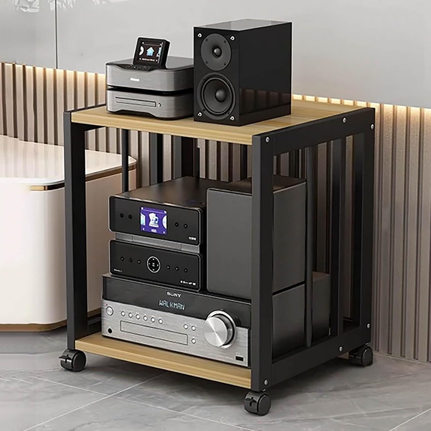 AV Audio Rack, Modern Media Storage Cabinet, Video Media Stand with Adjustable Shelves, Stable Steel Frame, Open Storage Shelf, for Home, Office, Theater(White+Black,3 Tier 50x40x69CM)
