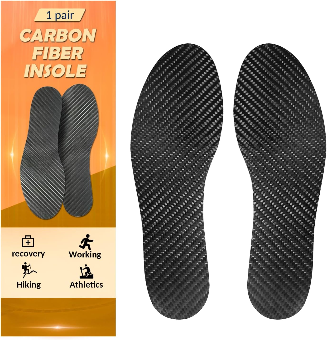 Carbon Fiber Insole 1 Pair for Pain Relief & Recovery. Very Rigid Orthotic Inserts Ideal for Reducing Foot Pain of Turf Toe, Arthritis, Alternative to Post Op Shoe (Women's Size 8, Men's 7)