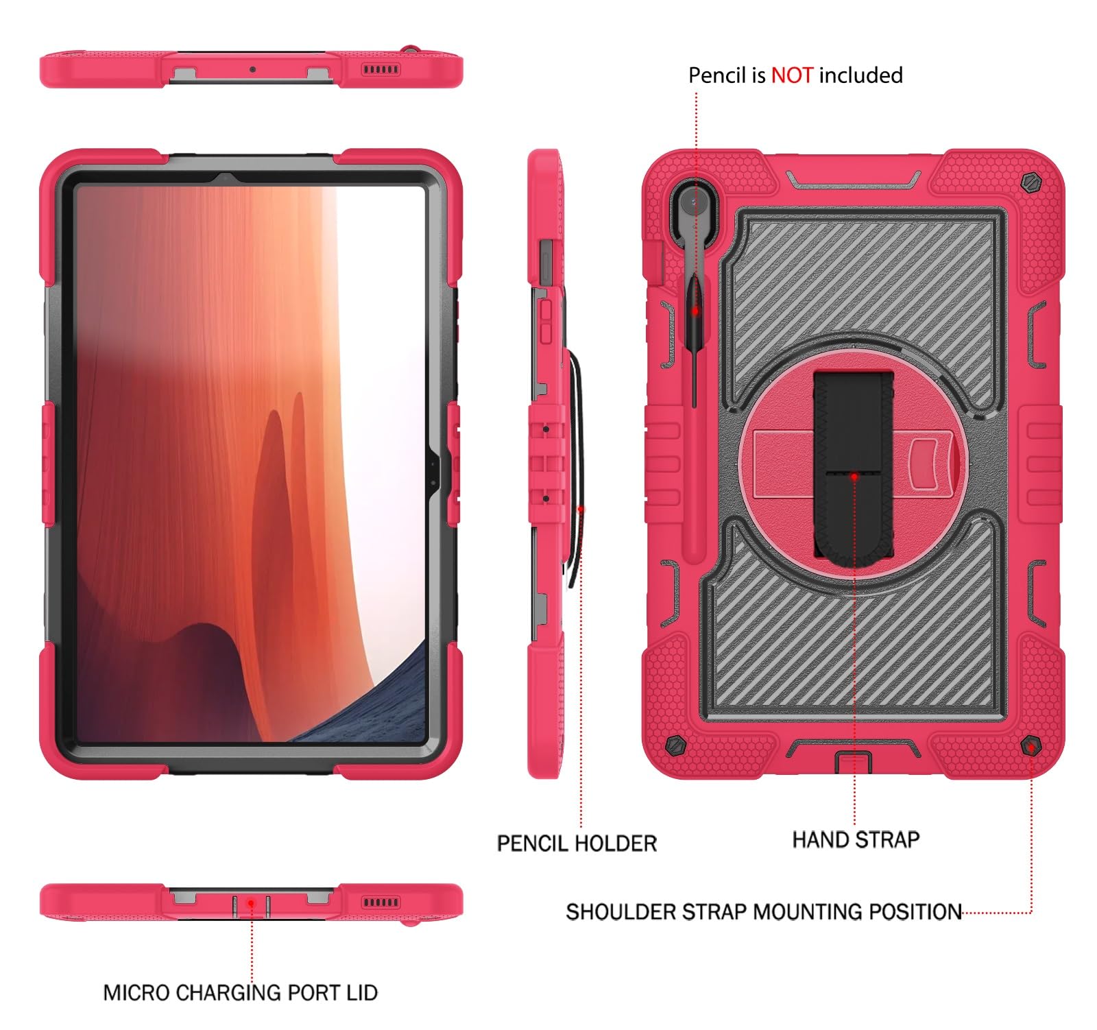 Custodia protettiva antiurto per Samsung Galaxy Tab S10 FE+/S10 FE Plus 13" 2025, custodia protettiva antiurto con cinturino da polso e tracolla, custodia in silicone stabile con cavalletto (rosso +
