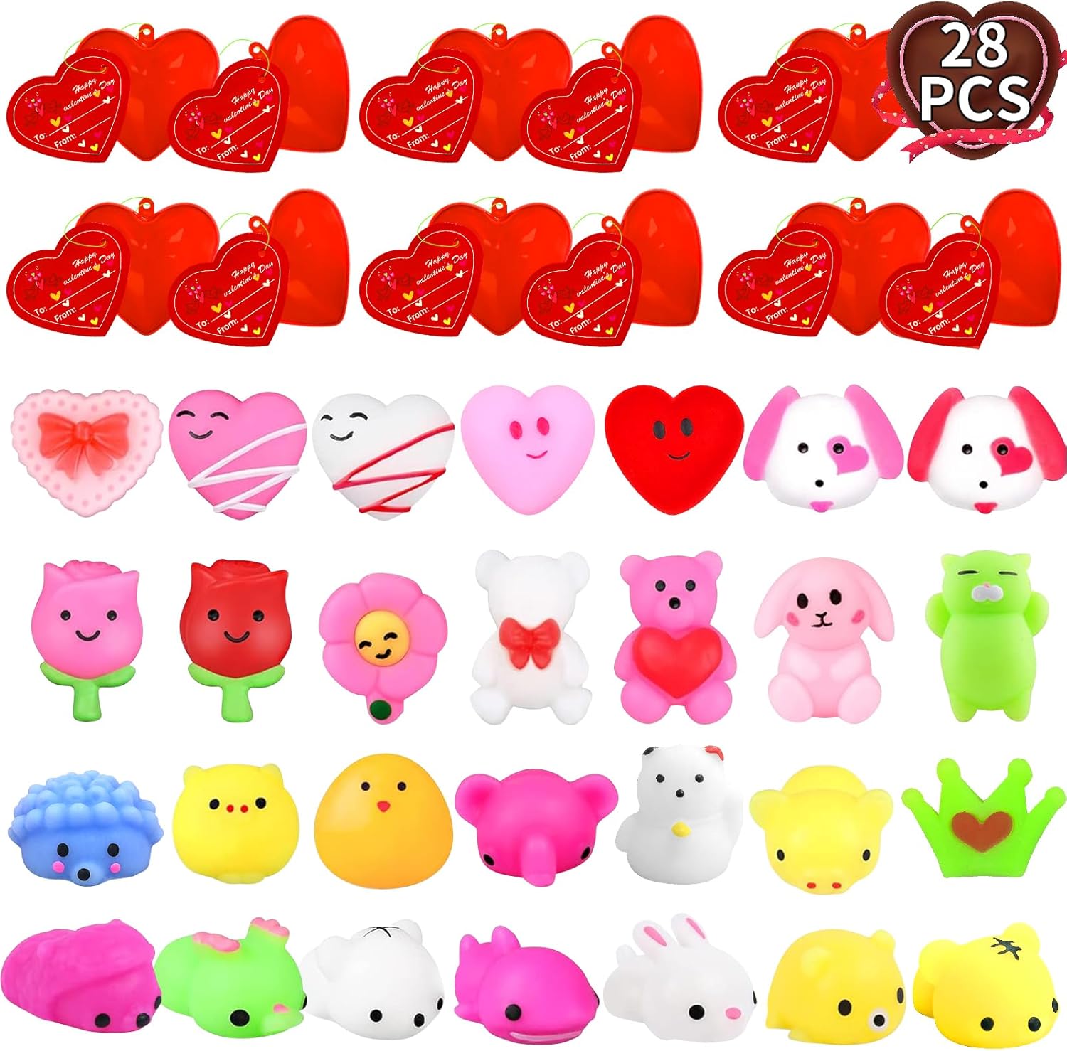 28PCS Valentines Mochi Squishies Toys Set, Kawaii Animals