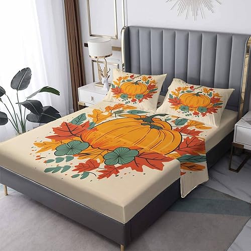 zcsm Juego de sábanas tamaño Queen, sábanas de calabaza de Acción de Gracias, sábanas y fundas de almohada, microfibra suave, bolsillo profundo y