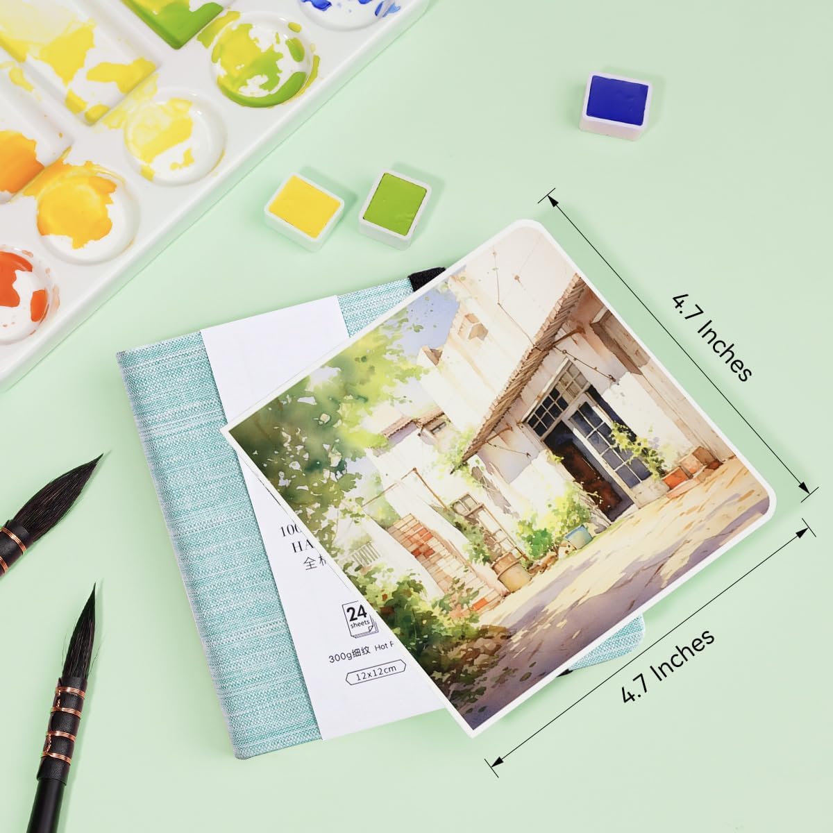 Lightwish Square Watercolor Journal,2 Pack Total 48 Sheets 100% Cotton,300gsm/140lb,Acid-Free,Hot Press Watecolor Sketchbook for Artists Adults Students,4.7 * 4.7 Inches(Light Green)