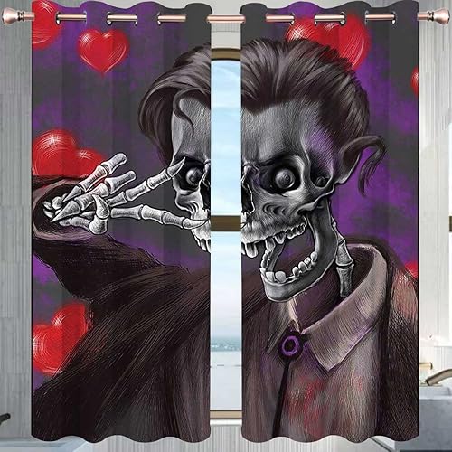 Miniatura 3 de Cortinas de calavera para habitación, 2 paneles, cortinas negras y rojas, bloqueo de luz para decoración de 85 pulgadas de ancho x 108 pulgadas de