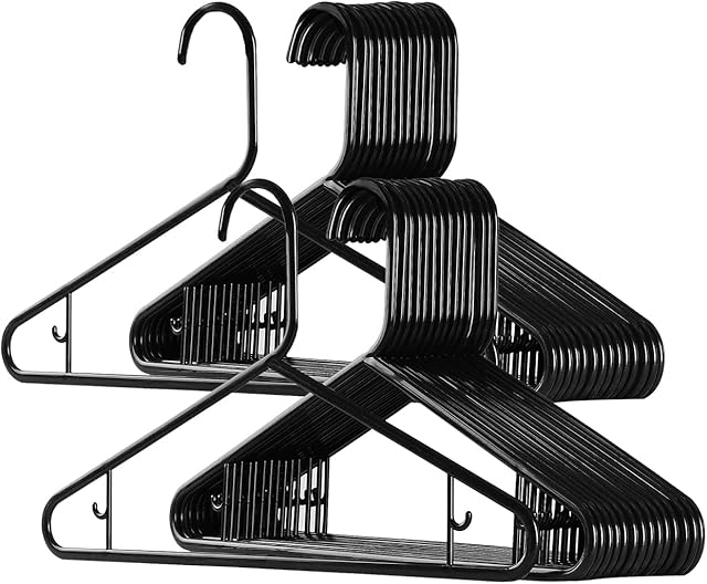 ZYBUX - 20x Adult Coat Hanger Black Colour, Extra Strong Plastic, Space Saving with Suit Trouser Bar (40cm Wide)
