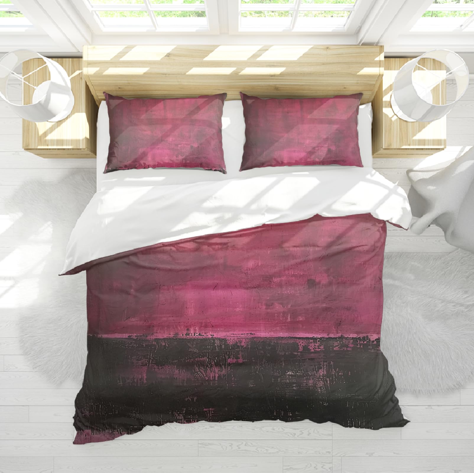 Housse de couette rose dégradé 135x200cm style shabby chic avec 2 taies d'oreiller