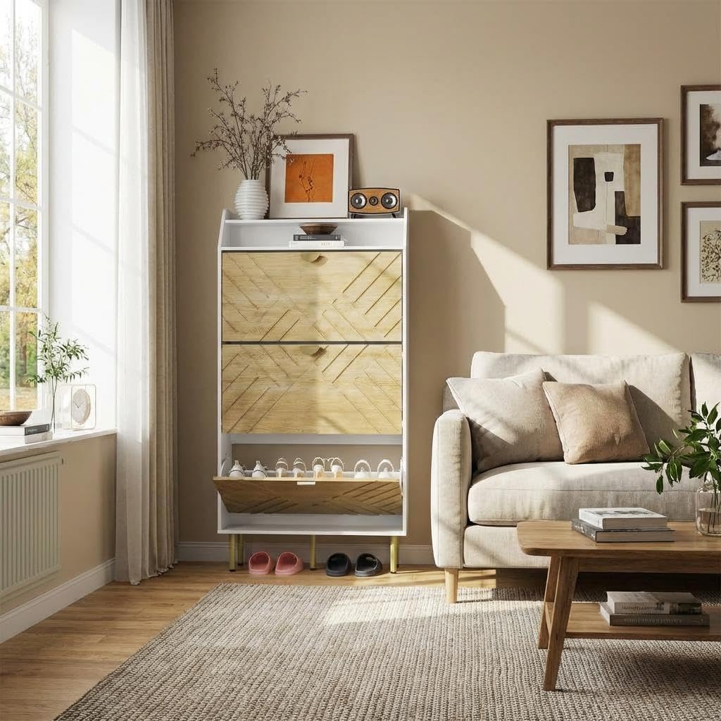 IDEALHOUSE Shoe Cabinet with 3 Flip Drawers, Hidden Shoe Storage Cabinet with a Shelf, Freestanding Wood Shoe Cabinet for Hallway, Entryway, 57" H x 31" W x 9" D, White