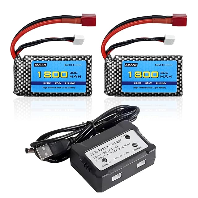 AMZZN - Batería LiPo T 7,4V 2S 1800mAh 30C con cargador 2 en 1 para WLTYOS K929-B A959-B 12401 9200 9200E…