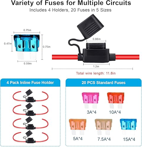 Miniatura 9 de Anyongora 4 paquetes de portafusibles en línea de 12 AWG, portafusibles de hoja automotriz con 40 fusibles estándar (2A, 3A, 5A, 7.5A, 10A, 15A,