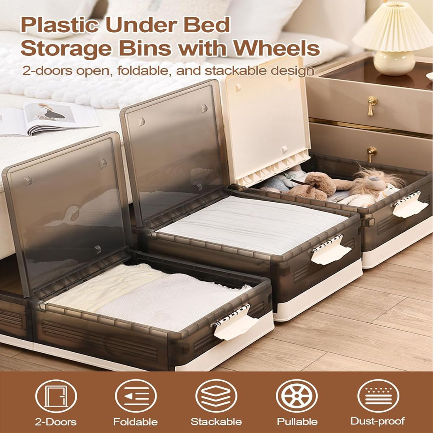 Generic Collapsible Under Bed Rolling Storage Containers with Wheels, Stackable Plastic Clothes Storage Bins with Lids, Dual-Open Closet Organizers Blanket Organization for Bedroom Dorm, 2 Pack,Grey