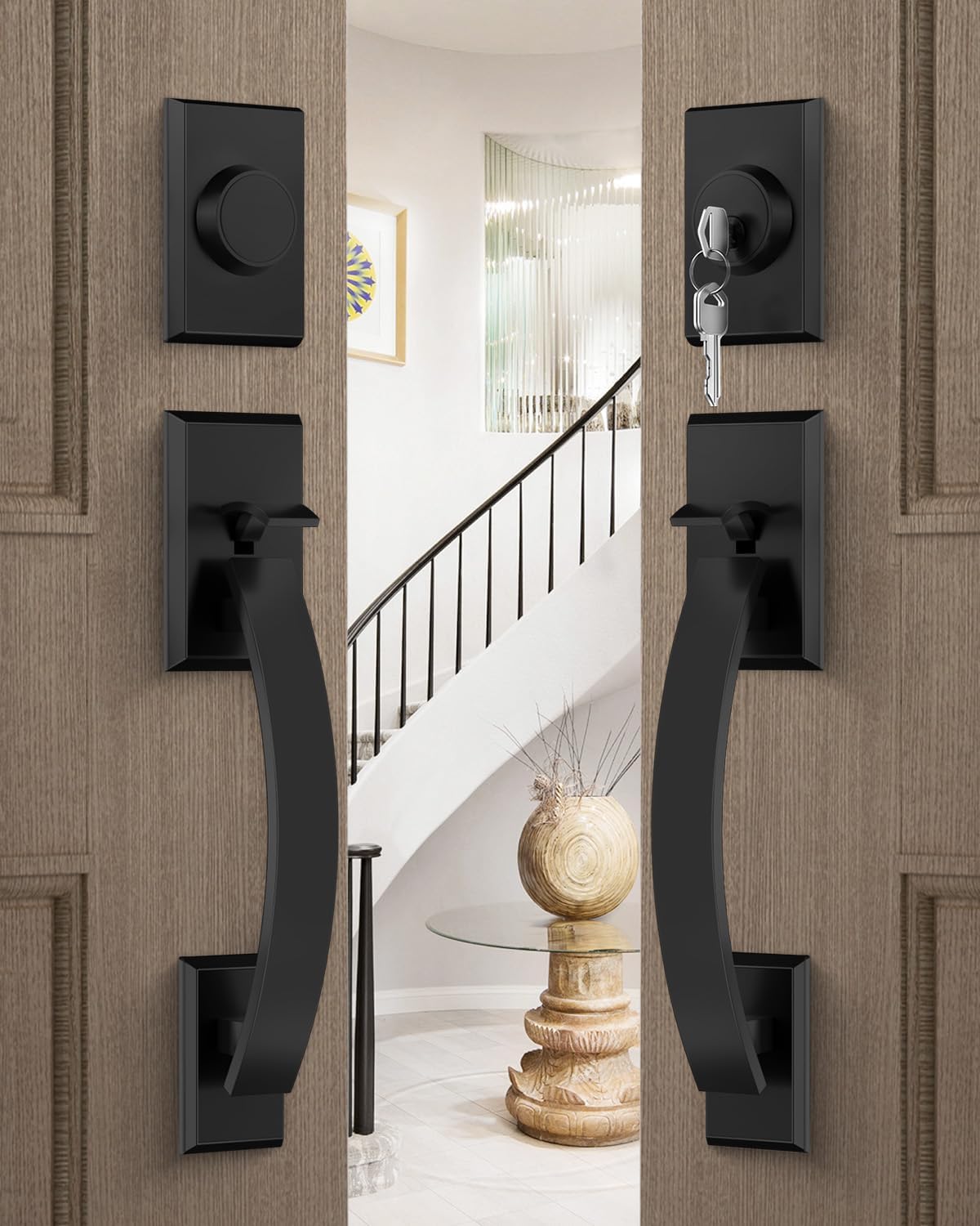 Goldenwarm Double Front Door Lock Set, Matte Black Double Door Handle with Dummy, Double Front Door Hardware Set with Reversible Handle Lever