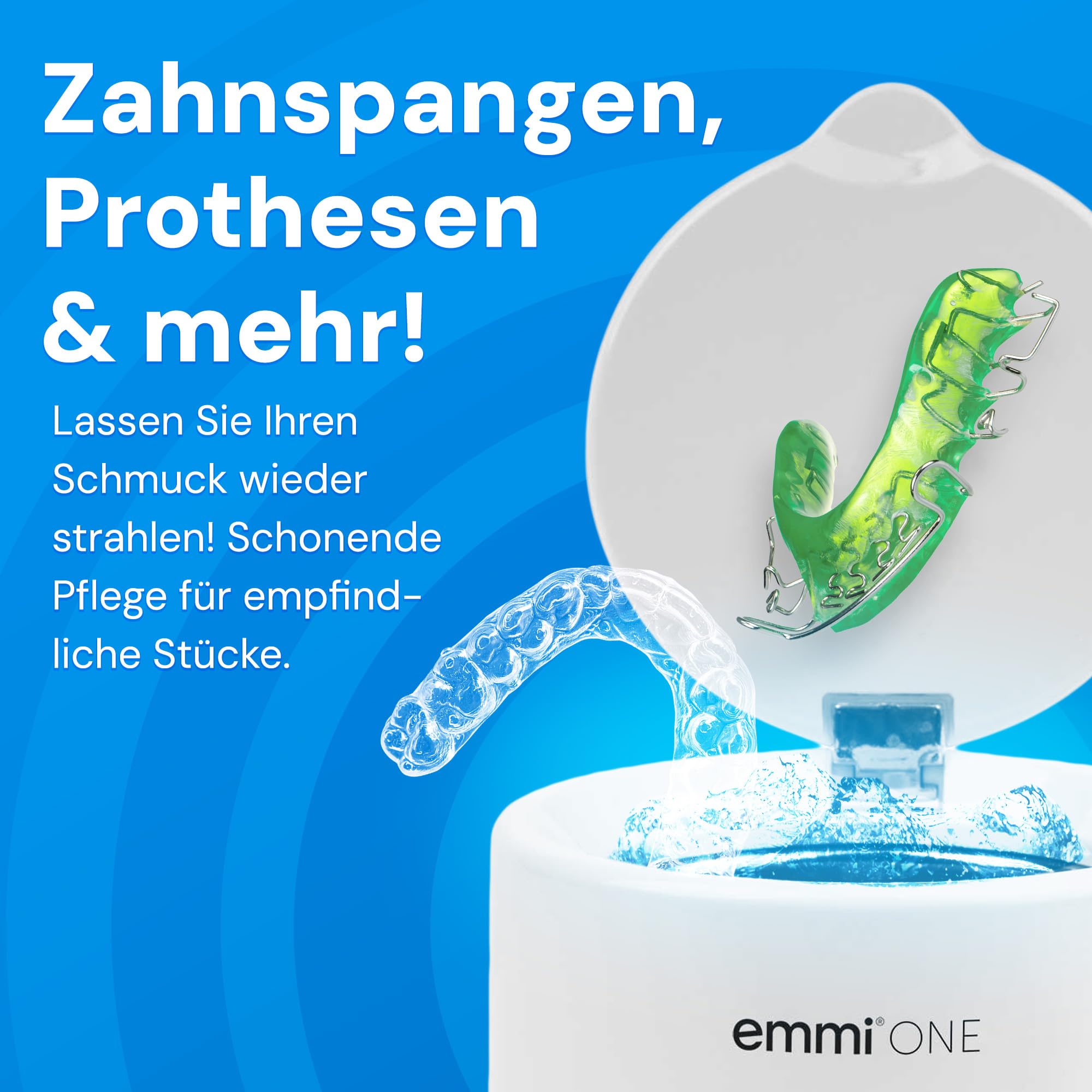 EMAG Emmi-One Ultraschallreiniger 0,2L – Mini Ultraschallbad für Zahnprothesen, Schmuck, Brillen, Uhren, Hörgeräte – 48kHz – inkl. EM-090 Reinigungskonzentrat – Kompakt & leise – 5 Min Timer