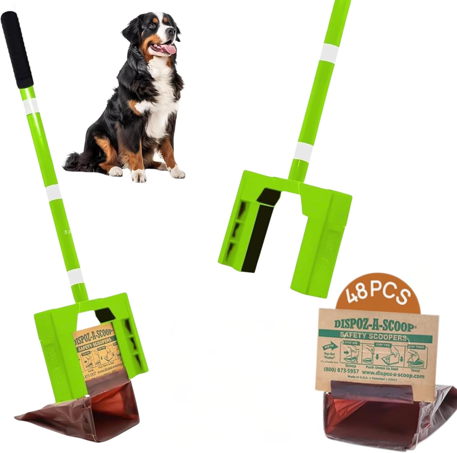 Dispoz-A-Scoop® Poop Scoop Bundle” 48 Refill Bags with Optional use, 24” Extender Handle. Quick-Clean-Easy. Never Needs Cleaning! U.S.A. Produced!