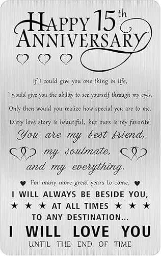Alotozo Tarjeta de regalo de 15 aniversario, feliz aniversario de boda de 15 años, tarjeta grabada para ella, hombres, él, esposa, esposo