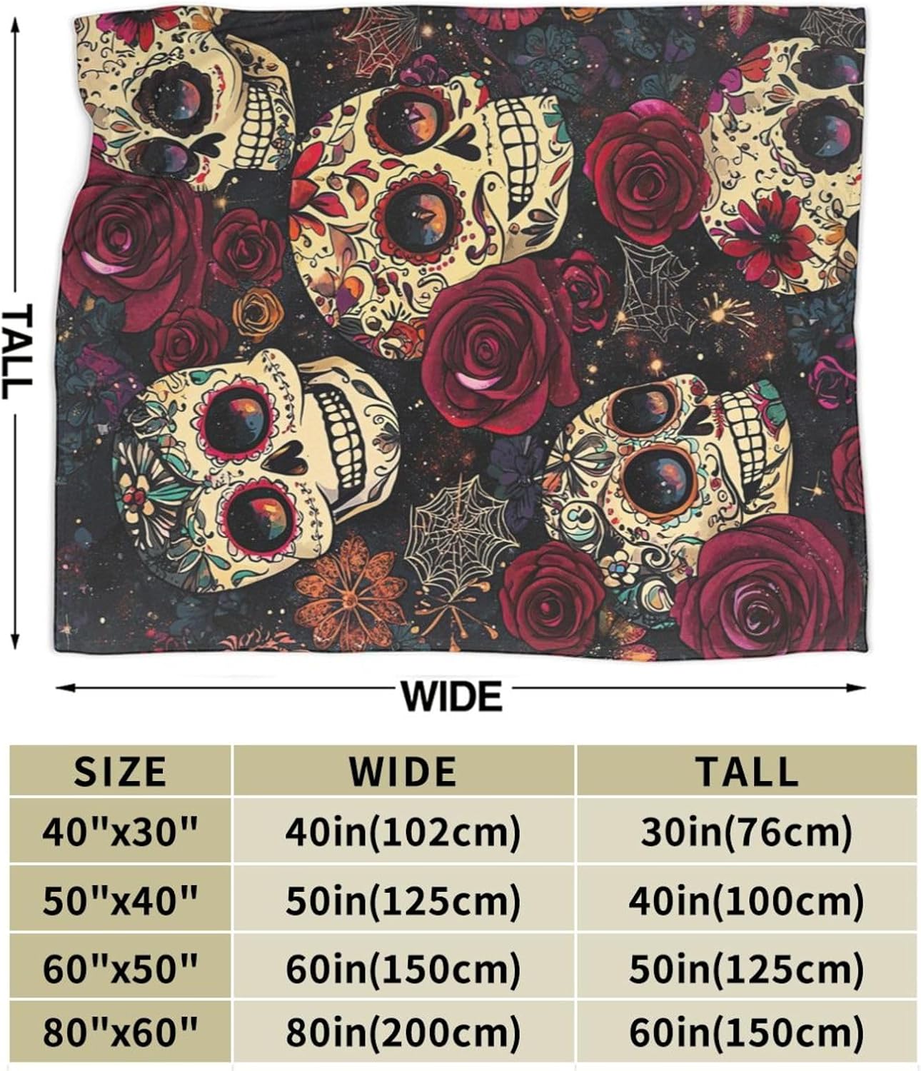 Skull Blanket Gothic Rose Flower Soft Flannel Blanket for Couch or Room Decor 60"x50"