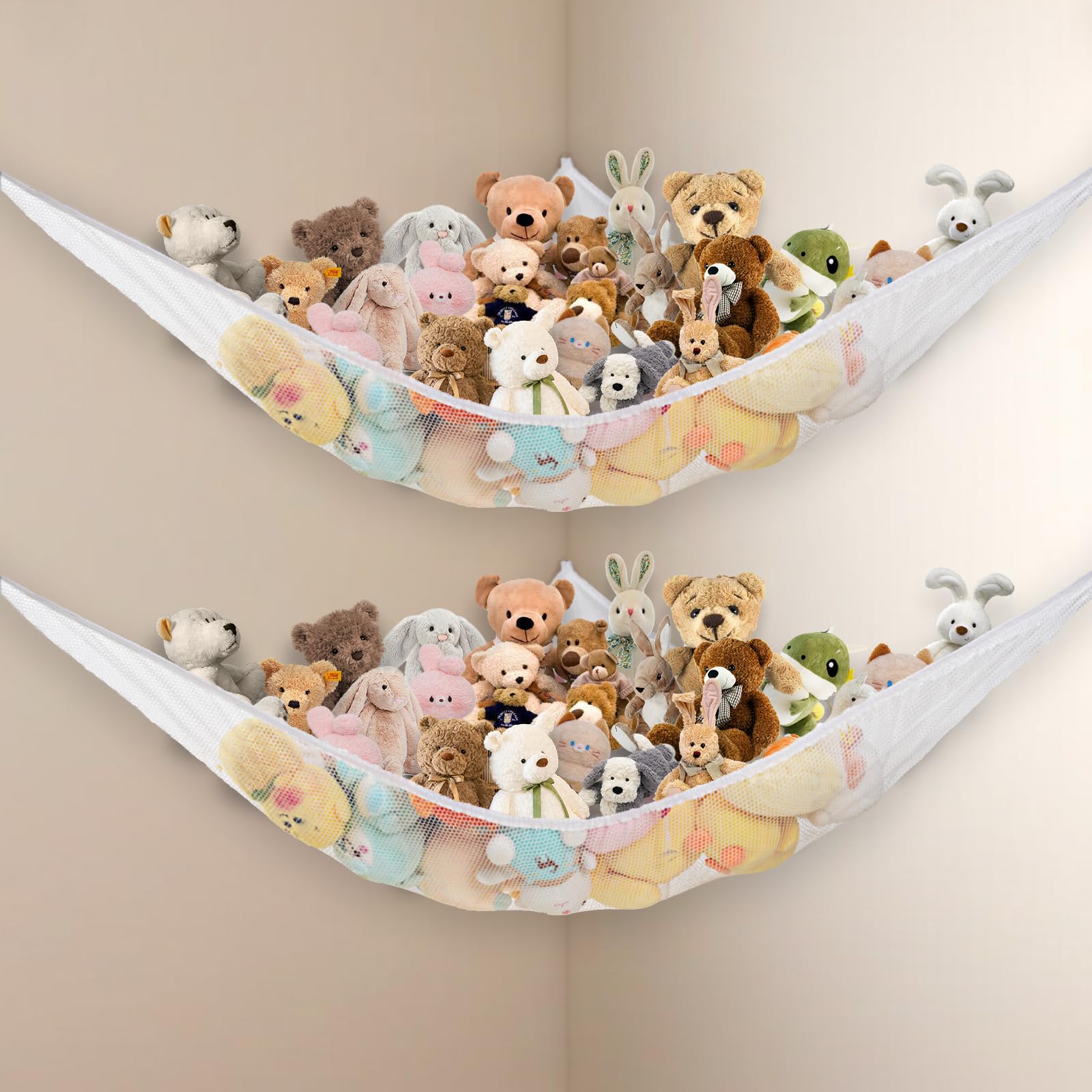 Powkoo Teddy Hammock 2 Pack - Soft Toy Storage Net - Cuddly Plush Toy Storage Hammock for Stuffed Animals - Teddy Bear Hanging Toy Storage - Large Corner Hanging Organizer for Kids Room Decor (White)
