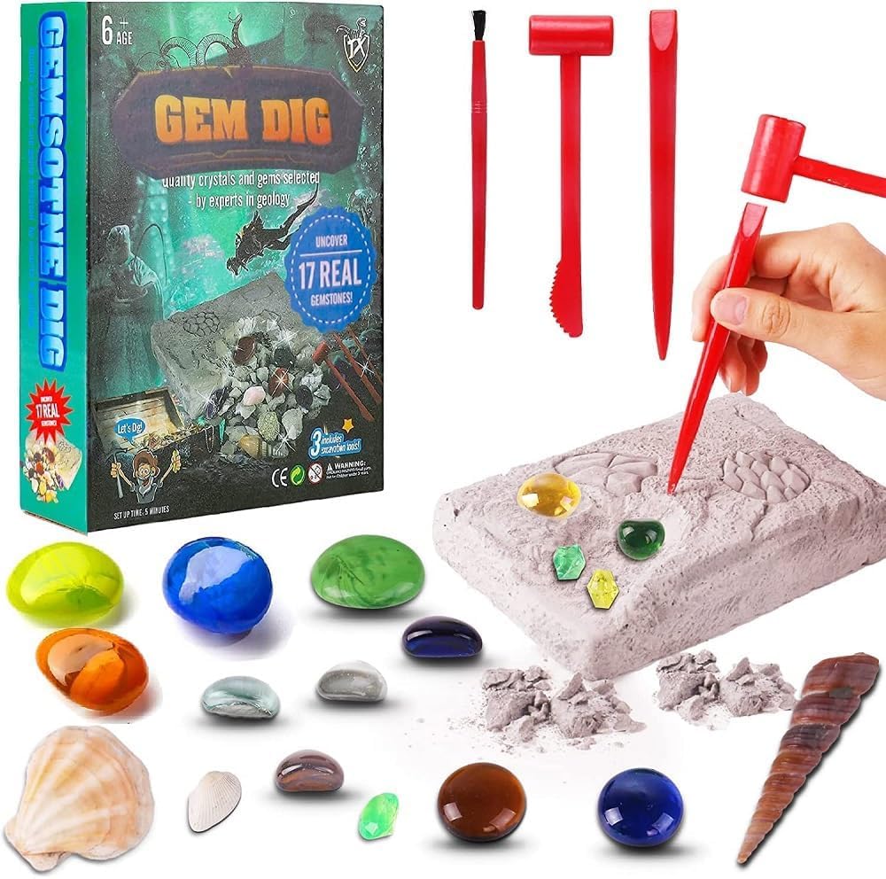 Gems Dig 17 Gemstones Science STEM Educational Learning Kit Kids History Paleontology Archaelogy