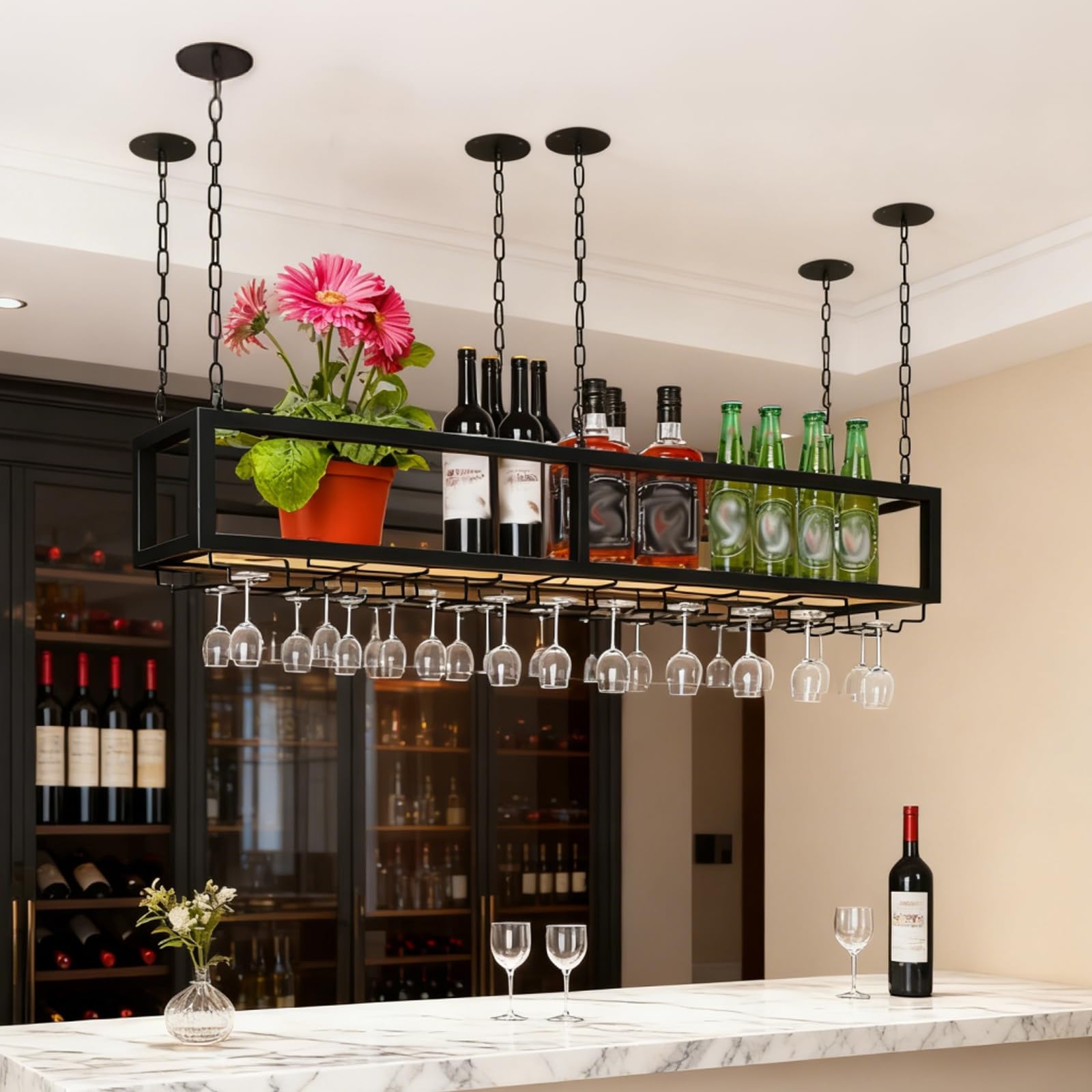 Portabottiglie da Soffitto, Mensola da Soffitto Porta Bicchiere da vino Sospeso, Portabottiglie da Appendere Industriale Regolabile in Altezza per Cucina Bar Caffetteria (80cm)