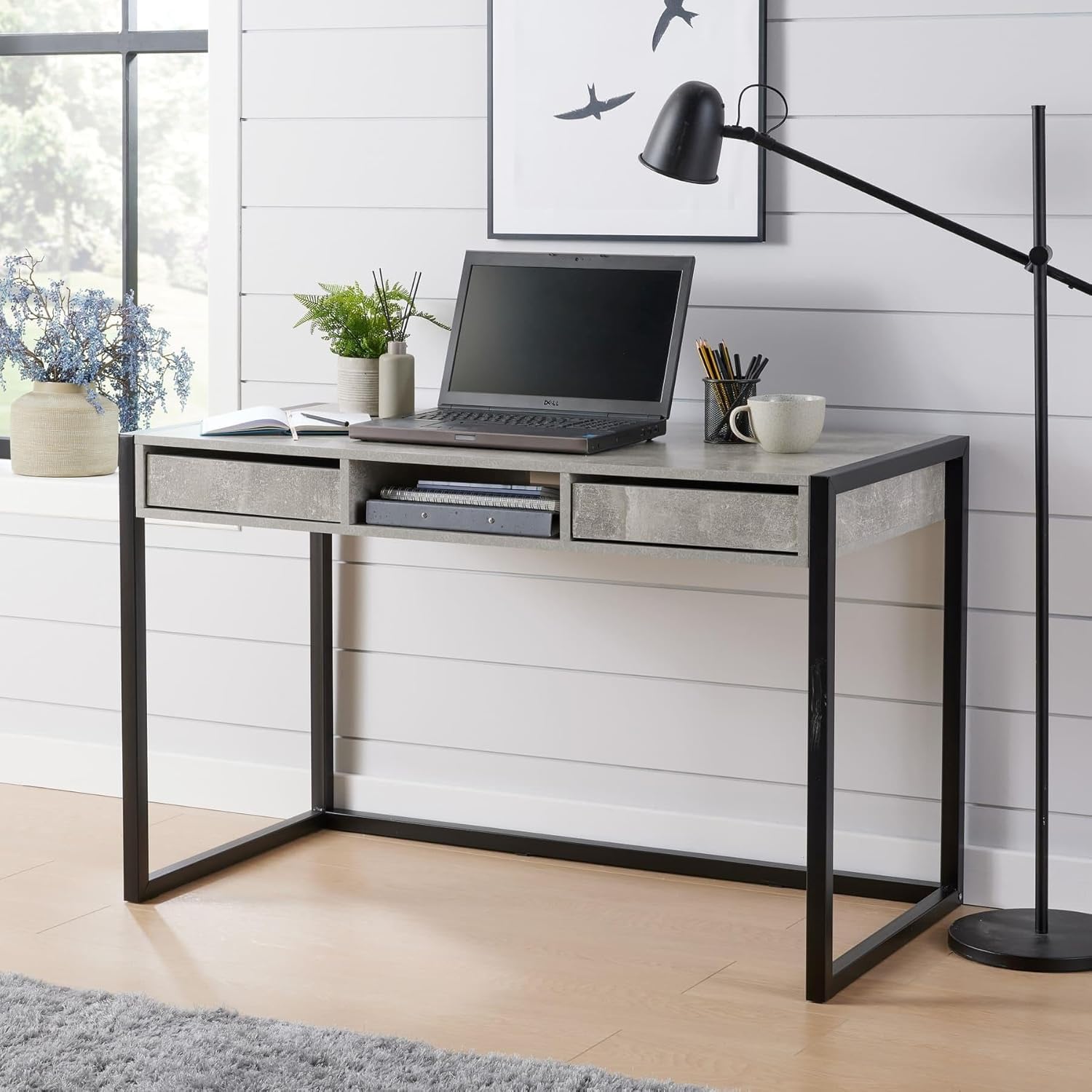 Home Source Tyler Computer Desk, Grey – Compact Office Workstation Table with 1 Drawer and 1 Door Storage
