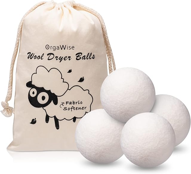 OrgaWise Wool Dryer Balls 4-Pack, Reuseable,Static reducing, 100% Organic New Zealand Wool Tumble Dryer Ball Wool Drying Balls, Natural Fabric Softener.